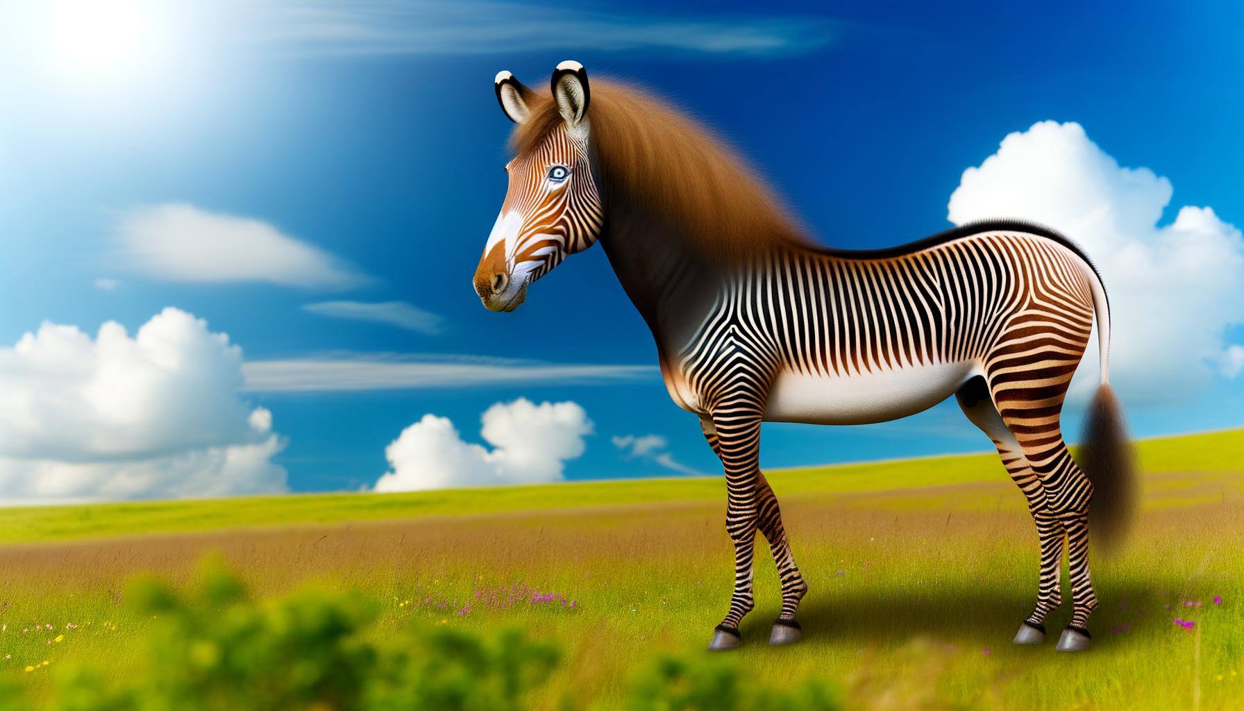 A zorse, exhibiting the bold blend of a zebra"s black and white stripes subtly merging into a horse"s warm brown body, stands elegantly in a sun-drenc